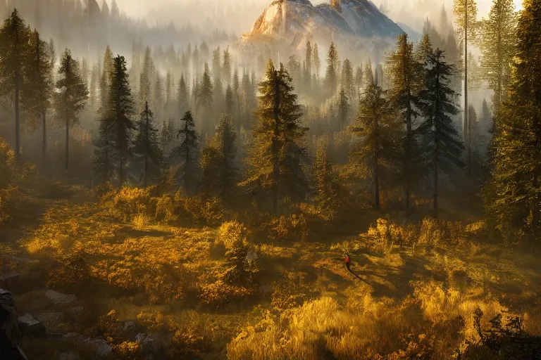 Prompt: beautiful swedish forest from the view of a mountain, misty, landscape fantasy art, Octane Render, Ureal Engine, highly detailed, very realistic, super long shot, concept art, golden, sacred, AAA Game, Witcher3, sacred, golden hour, by Greg Rutkowski, by James Gurney, by Afremov