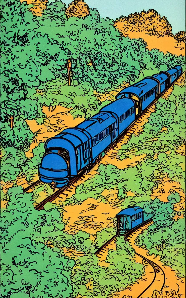 Prompt: blue and green train in the country, vintage poster, herge style,