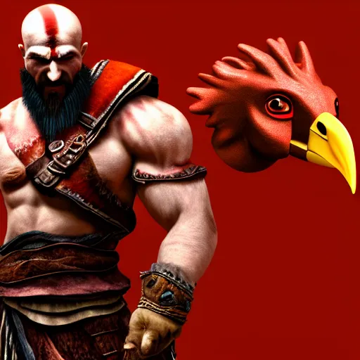 Prompt: photo of Kratos with a chicken head!!, volumetric lighting, high detail, 8k