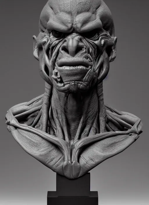 Image similar to a bust sculpture of anatomical detailed gray orc, alberto fujimori, green blood, become human, ceramic base, orthographic, studio lighting