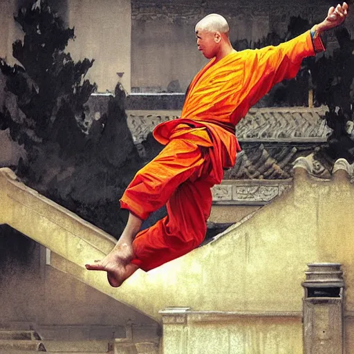 Prompt: a painting of a dynamic shaolin monk executing a highly dynamic flying kick at shaolin temple under the rain by john singer sargent and craig mullins