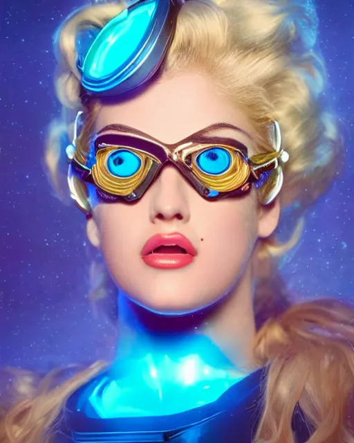 Prompt: centered portrait photo of flirtatious young anna nicole smith as a solarpunk mecha humanoid robotic parts wearing goggles with bright cyan lights, real human face, pudica pose by bouguereau, inside white room, ultra - realistic and detailed, soft portrait shot 8 k