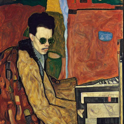 Image similar to Moodymann browsing a crate of records, oil on canvas, by Egon Schiele