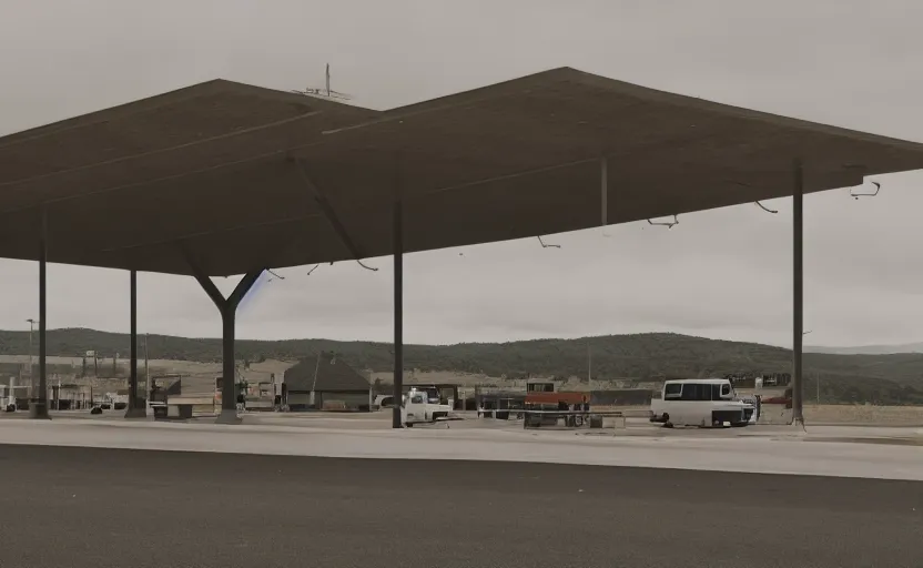 Image similar to cinematic still screenshot of the port byron travel plaza in the middle of nowhere, shot by saul leiter, camera height 7 feet, moody cinematography, 2 4 mm anamorphic lens