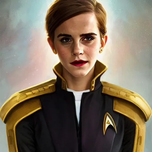 Image similar to portrait of Emma Watson wearing his starfleet captains uniform, looking at camera, D&D, intricate, elegant, stylish, cute smile, mouth slightly open, fantasy, extremely detailed, digital painting, artstation, concept art, smooth, sharp focus, illustration, stunning lighting, art by artgerm and greg rutkowski and alphonse mucha and simon stalenhag, realistic character concept, high fantasy, light atmosphere, golden ratio, cinematic lighting, hyperdetailed, high resolution, insanely detailed and intricate, artstation, Marc Simonetti, Greg Rutkowski