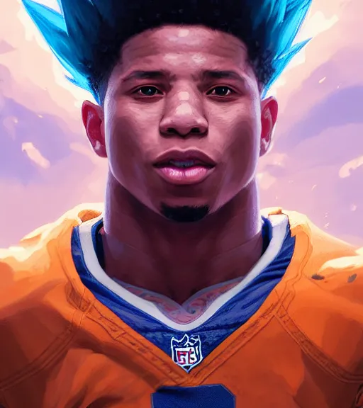 Image similar to highly detailed portrait of super saiyan saquon barkley ny giants football, unreal engine, fantasy art by greg rutkowski, loish, rhads, ferdinand knab, makoto shinkai and lois van baarle, ilya kuvshinov, rossdraws, tom bagshaw, global illumination, radiant light, detailed and intricate environment