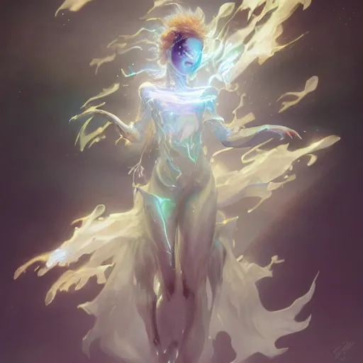 Prompt: female japanese solar elemental, ghostly form, transparent, d & d, highly detailed, digital painting, artstation, concept art, sharp focus, illustration, cinematic lighting, art by artgerm and greg rutkowski and alphonse mucha