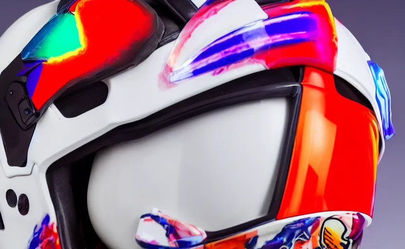 Image similar to beautifully lit medium close up photo of a white marble statue of an anime girl with colorful motocross logos and motorcycle helmet with closed visor, colorful smoke in the background, carved marble statue, fine art, neon genesis evangelion, virgil abloh, offwhite, denoise, highly detailed, 8 k, hyperreal