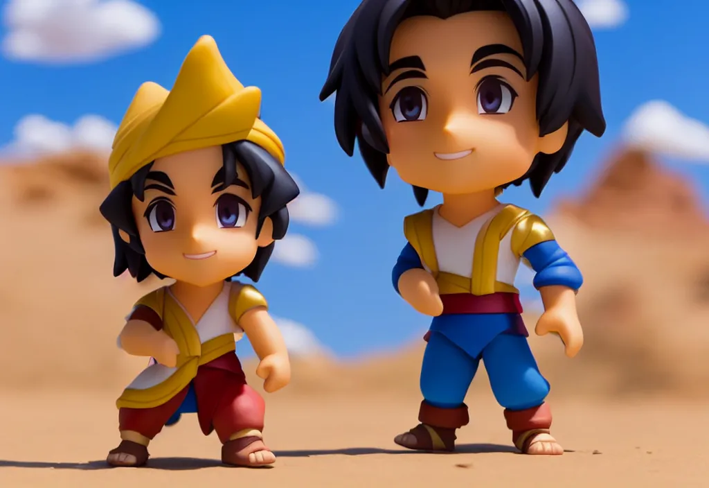 Image similar to side view of young aladdin as nendoroid running in desert village, 8 k hd dof, kodak film,