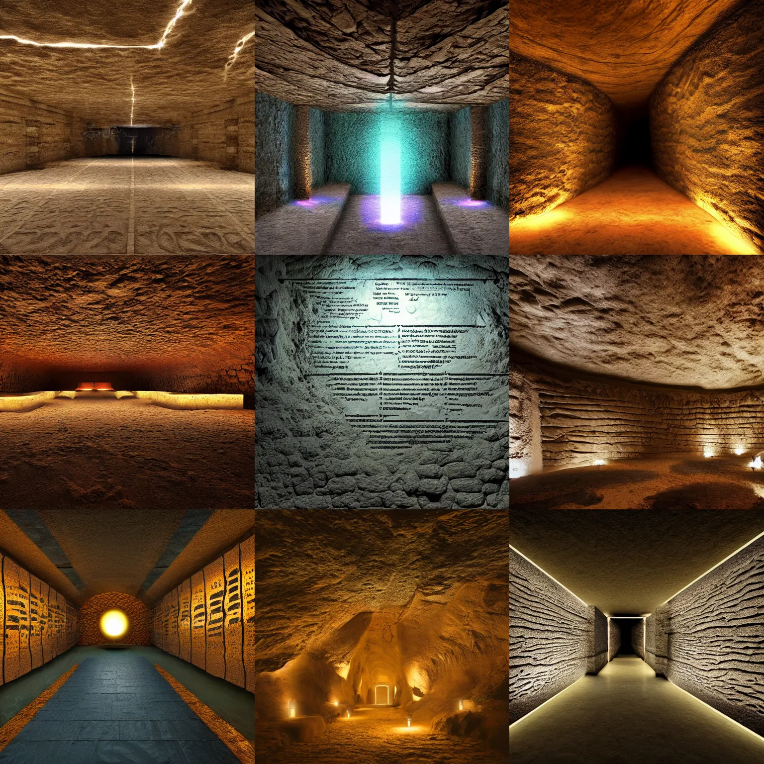 Image similar to ancient cave, nahuatl script, technology, hall of records, glowing, photorealistic