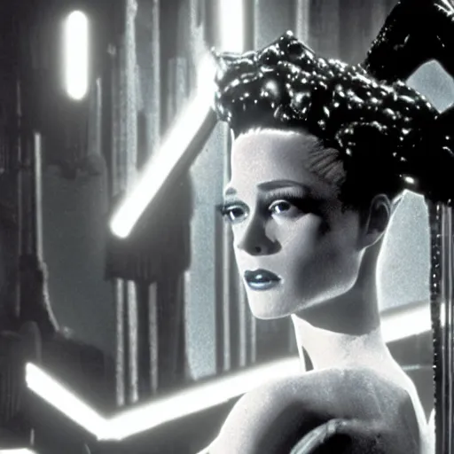 Image similar to cinematic portrait of bride of frankenstein as a replicant, still from the movie bladerunner, fashion photography, a neon sign is in the background