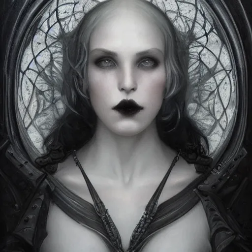 Prompt: By Tom Bagshaw, ultra realist soft painting of a gothic crypt by night, Gothic fully armored female, horror, omnious sky, symmetry accurate features, very intricate details, black and white, volumetric light clouds