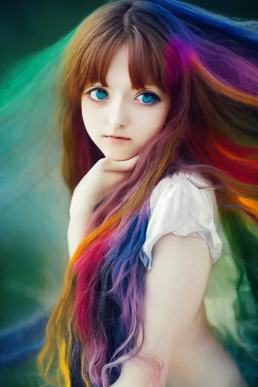 Image similar to pre-raphaelite cute anime girl with dark rainbow, blurred detail, photo by Annie Leibovitz, Anton Fadeev