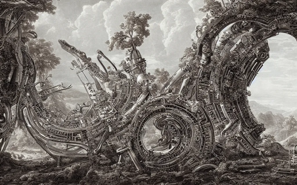 Image similar to complex alien technology that can control time, used to travel back in time or to slow down time by asher brown durand and laurie lipton, style of barr relief