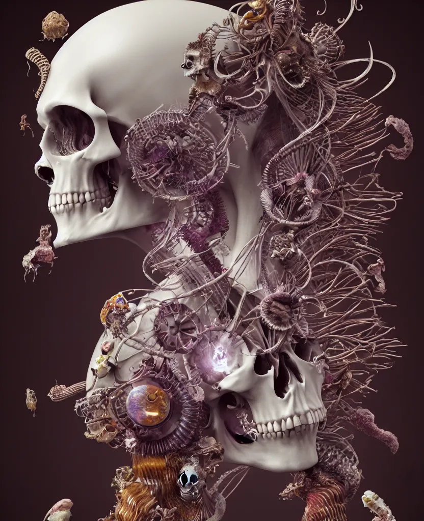 Image similar to goddess close-up portrait skull with mohawk, ram skull, skeleton, thorax, x-ray, backbone, jellyfish phoenix head, nautilus, orchid, skull, betta fish, bioluminiscent creatures, intricate artwork by Tooth Wu and wlop and beeple. octane render, trending on artstation, greg rutkowski very coherent symmetrical artwork. cinematic, hyper realism, high detail, octane render, 8k