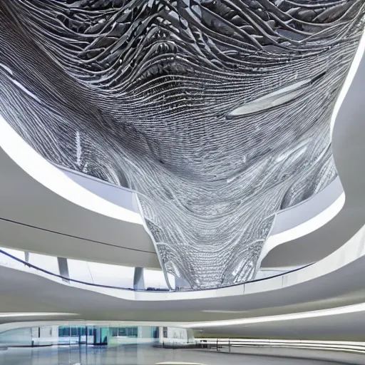 Image similar to extremely detailed stunning beautiful futuristic museum interior by Zaha Hadid, smooth curvilinear dragonfly wings pattern