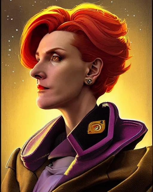 Image similar to moira from overwatch, character portrait, portrait, close up, concept art, intricate details, highly detailed, vintage sci - fi poster, in the style of chris foss, rodger dean, moebius, michael whelan, and gustave dore