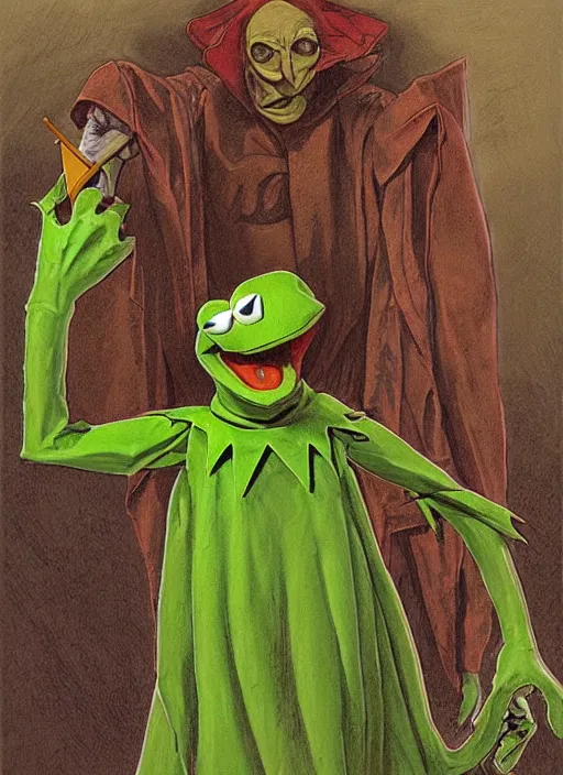 Image similar to Kermit the frog as Nosferatu in Society (1989), highly detailed, centered, solid color background, digital painting, artstation, concept art, smooth, sharp focus, illustration, donato giancola Joseph Christian Leyendecker, Les Edwards, Ed Repka, Basil Gogos, WLOP, Artgerm