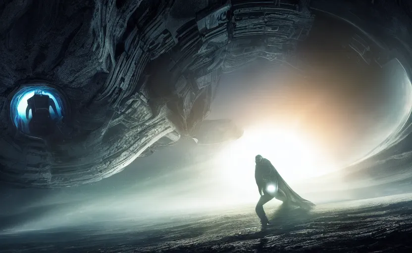 Prompt: an extraterrestrial spaceship exiting a worm hole with planet earth in sight, in the style of the matrix, epic scene, extremely detailed masterpiece, extremely moody lighting, glowing light and shadow, atmospheric, shadowy, cinematic, god lighting