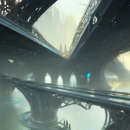 Image similar to the most beautiful futuristic bridge, reflexions, very high details by william turner art, greg rutkowski and alphonse mucha, trending on artstation, very very detailed, masterpiece