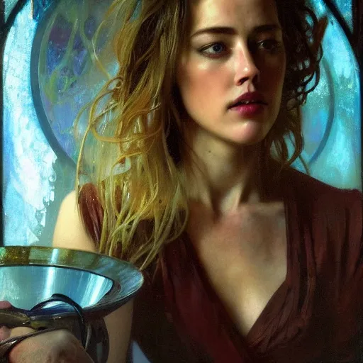 Prompt: hyperrealist portrait of a woman as amber heard staring down on a magical bowl of water. by jeremy mann and alphonse mucha, fantasy art, photo realistic, dynamic lighting, artstation, poster, volumetric lighting, very detailed faces, 4 k, award winning