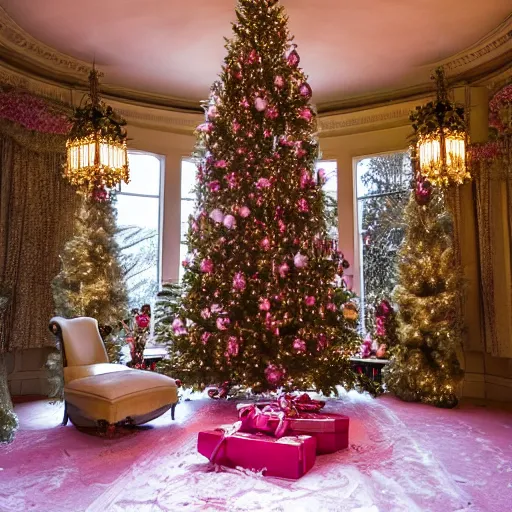 Prompt: pink palace at Christmas trees, Victorian mansion, thousands of pink roses, landscape, cinematic lighting, norman rockwell, snow coming through windows