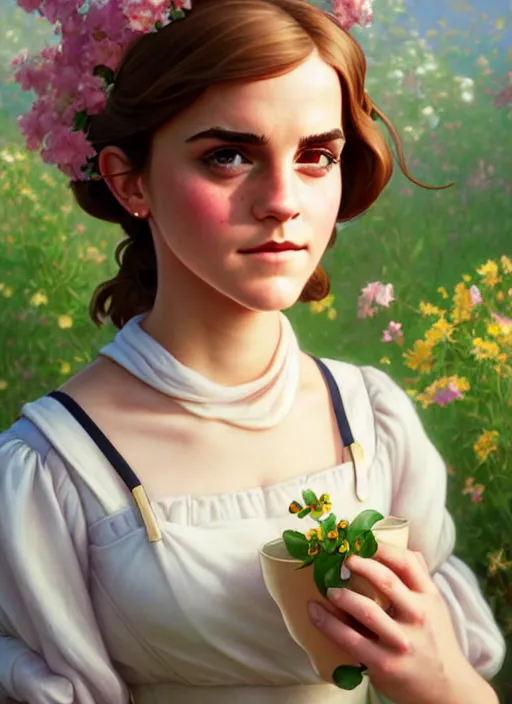 Image similar to cute buxom emma watson milkmaid, natural lighting, path traced, highly detailed, high quality, digital painting, by don bluth and ross tran and studio ghibli and alphonse mucha, artgerm