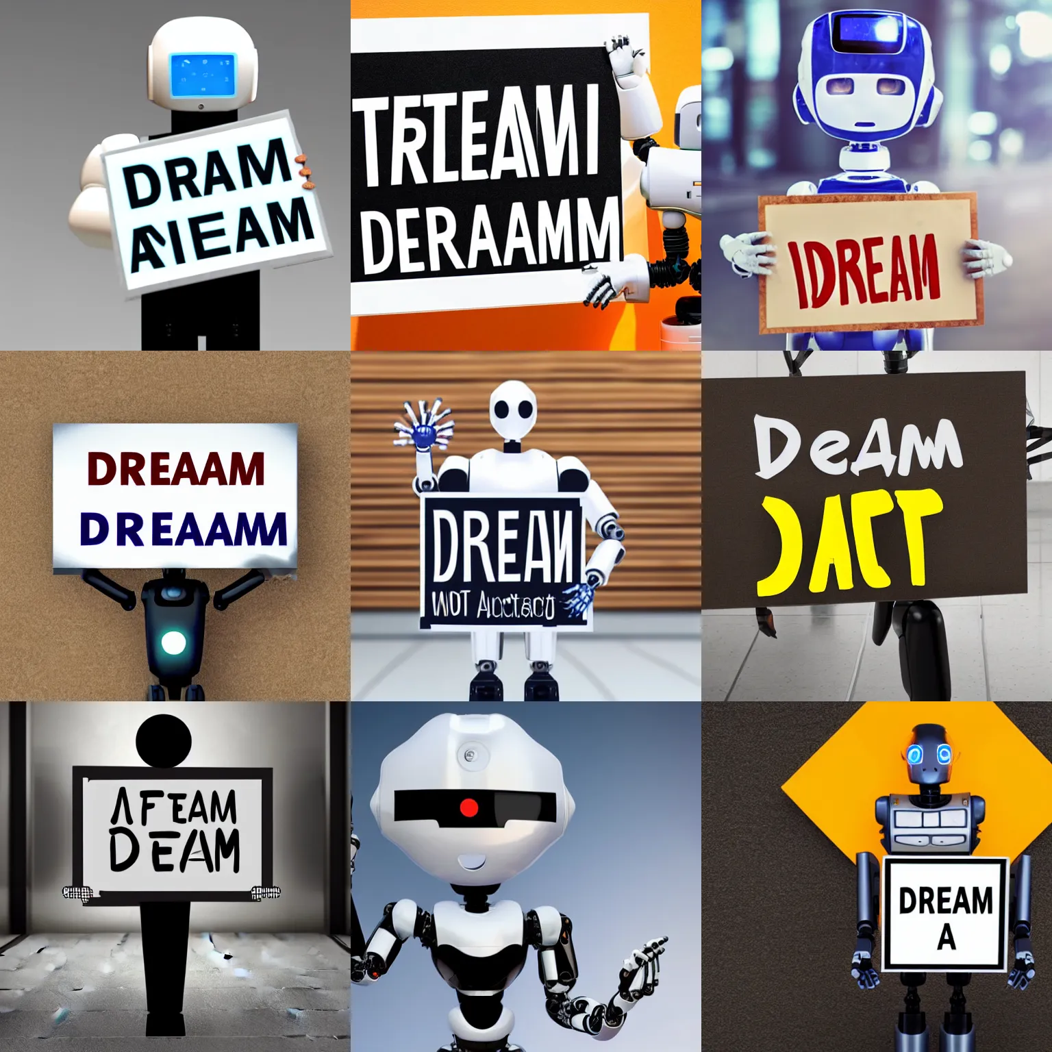 Image similar to artificial intelligence robot holding a sign with text that reads : dream