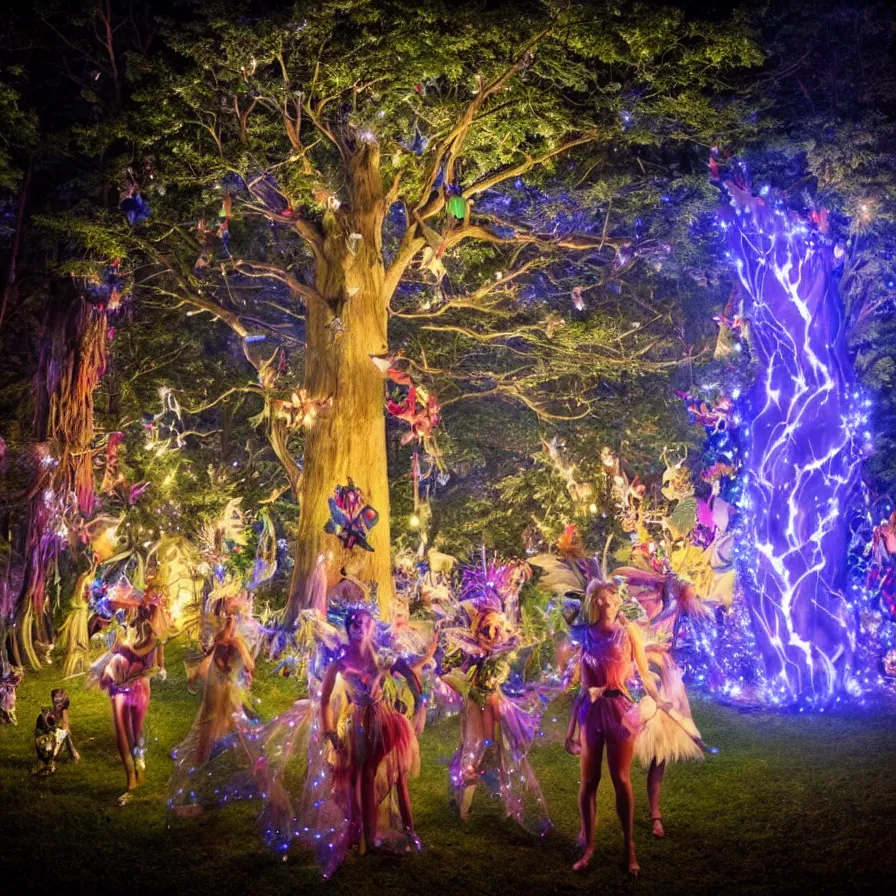 Image similar to photography award of a night carnival fairies around a magical tree, christmas lights, creatures and fantastic people disguised as fantastic creatures in a magical forest by summer night, masterpiece photography by gregory crewdson and john anster fitzgerald, volumetric lightning