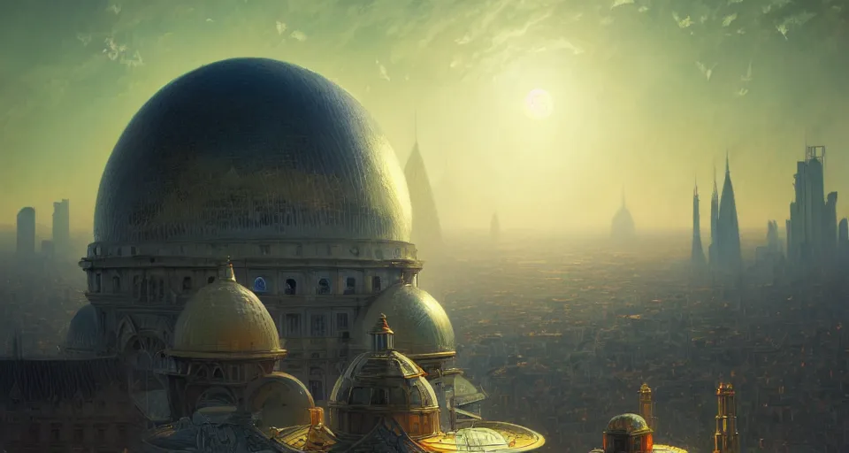 Image similar to cinematic shot, city on the moon, geodesic domes, digital painting, artstation, concept art, soft light, hdri, smooth, sharp focus, illustration, intricate, elegant, highly detailed, in the style of greg rutkowski and alphonse mucha and artemisia, 8 k, highly detailed, jurgens, rutkowski