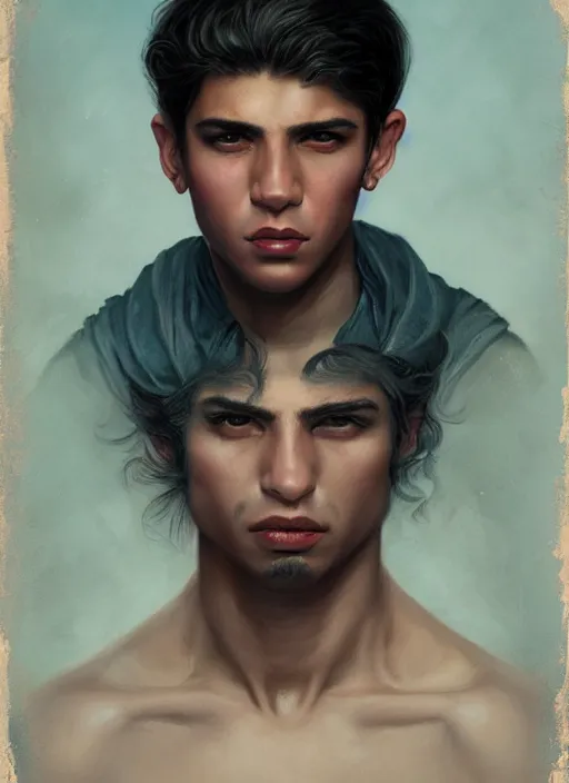 Prompt: portrait of a young latino tough guy, art by manuel sanulian and tom bagshaw