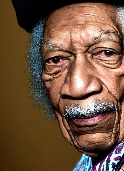 Image similar to DSLR photo portrait still of 77 year old age 77 Jimmy Hendrix at age 77!!!, 85mm f1.8