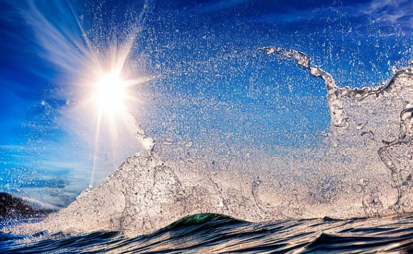 Prompt: high - speed extreme close - up photography curling ocean wave catching the sunlight and breaking with water spray, blue sky