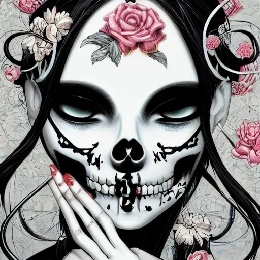 Image similar to portrait of a manga anime girl skull face detailed highres 4k by Trevor Brown and James Jean pop art nouveau