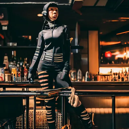 Prompt: photograph of a retro techwear women loitering near the bar of a packed busy rundown nightclub, retrofuturism, brutalism, cyberpunk, sigma 85mm f/1.4, 35mm, tilted frame, long exposure, 4k, high resolution, 4k, 8k, hd, wide angle lens, highly detailed, full color