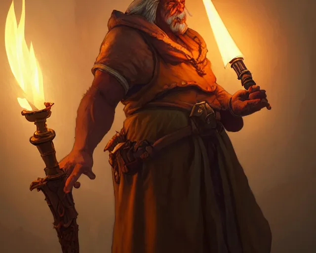 Image similar to a large grimey innkeeper from final fantasy, holding a torch, deep focus, d & d, fantasy, intricate, elegant, highly detailed, digital painting, artstation, concept art, matte, sharp focus, illustration, hearthstone, art by artgerm and greg rutkowski and alphonse mucha