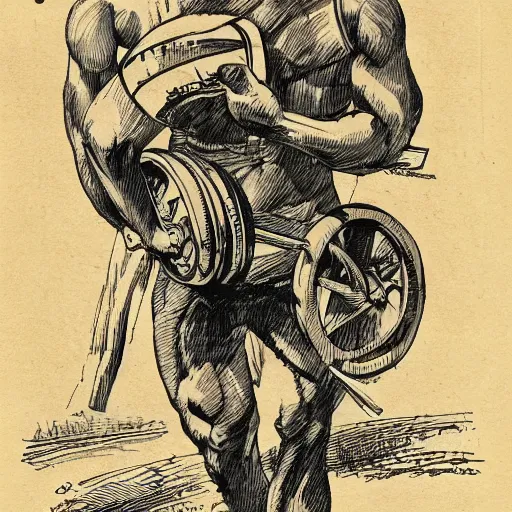 Image similar to a muscular bald man carrying engines on his back, technical diagram, diesel engine, gasoline engine, combustion engine