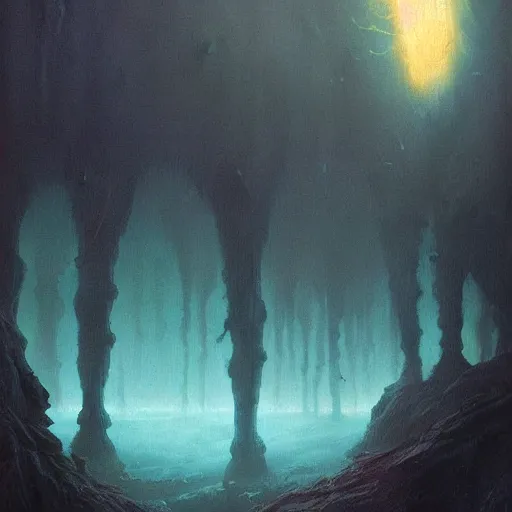 Prompt: fractal tardigrade terror and horror painting descending on earth, by greg rutkowski and studio ghibli, inspired by zdzisław beksinski, cinematic, atmospheric, dramatic colors, dawn.
