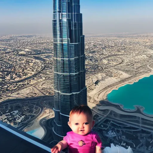 Image similar to hyper realistic baby standing at the top of burj khalifa and the background is the view of the sea photography