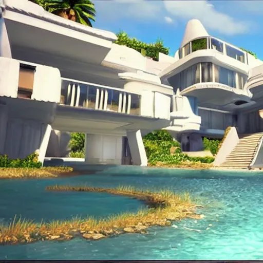 Image similar to video game set inside a beautiful futuristic mansion, mirror's edge, clean, views to the ocean