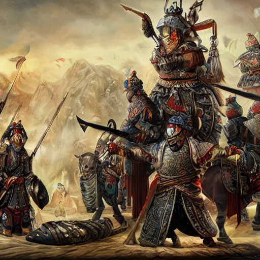 Prompt: matte portrait of smart tai armored warlords sit in traditional tent, asian interior decoration, oil painting, fantasy, detailed and intricate environment