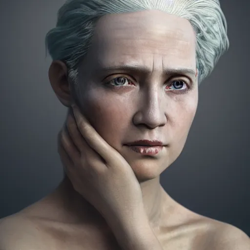 Image similar to cinematic photograph taken by annie leibovitz, hyper detailed, realistic female face and shoulders, white skin made from painted porcelain, white hair, fine facial features, white eyes and eyelashes, 8 k, 1 5 0 ml lens, elegant, white background pastel blue lighting, octane render, volumetric lighting