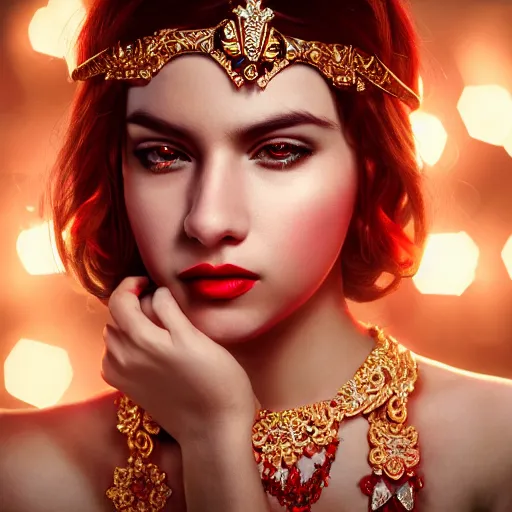 Image similar to photograph of wonderful princess with smooth fair skin, alluring eyes, red jewelry, breathtaking, elegant, ornate, intricate, hyper detailed, accent lighting, dramatic light, 4 k octane render