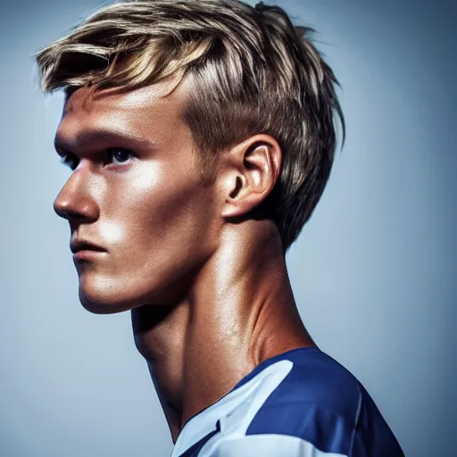 Image similar to a realistic detailed photo of a guy who is an attractive humanoid who is half robot and half humanoid, who is a male android, soccer player martin ødegaard, shiny skin, posing like a statue, blank stare, in a living room, on display, showing off his muscles, gold soccer shorts, side view