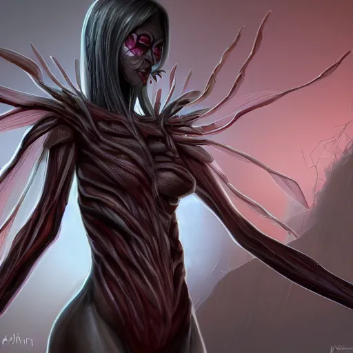 Image similar to hot insect woman, slender and muscular build, large mosquito wings, evil smile and glowing eyes, burning world, hyperdetailed, dark art, digital art, artstation, concept art, 4 k, 8 k