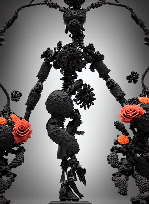 Prompt: biomechanical black marble statue carrying perfume bottle. enchanted coral kingdom made of corals, daisies, roses well contoured smooth fair walls, up close shot, sharp focus, global illumination, radiant light, alexandre ferra white mecha, irakli nadar, octane highly render, 4 k, ultra hd,