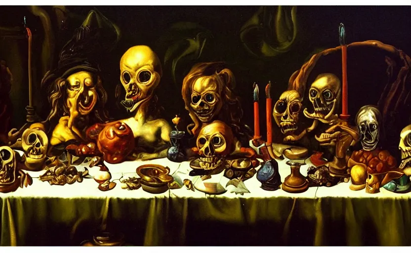 Image similar to disturbing colorful oil painting dark background dutch golden age vanitas still life beautiful composition last supper with bizarre monster busts, odd objects, shiny reflections bizarre symbols rachel ruysch dali todd schorr very detailed perfect composition rule of thirds masterpiece canon 5 0 mm, cinematic lighting, photography, retro, film, kodachrome