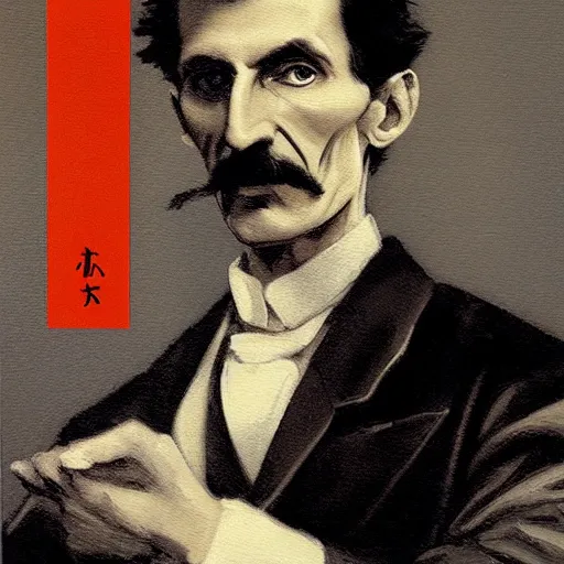 Image similar to portrait of nikola tesla in a laboratory, hanafuda oil on canvas by ivan shishkin, james jean and yoji shinkawa