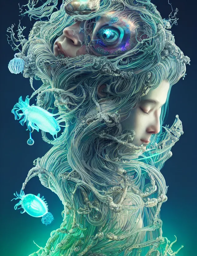 Prompt: goddess macro shouler portrait from bottom to top in crown made of ram skull. betta fish, jellyfish phoenix, bioluminiscent, plasma, ice, water, wind, creature, super intricate ornaments artwork by tooth wu and wlop and beeple and greg rutkowski and alexander fedosav