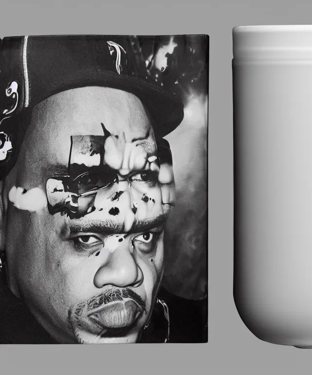 Image similar to a picture of ice - t rapper printed on the side of a mug full of iced tea, product showcase, studio lighting